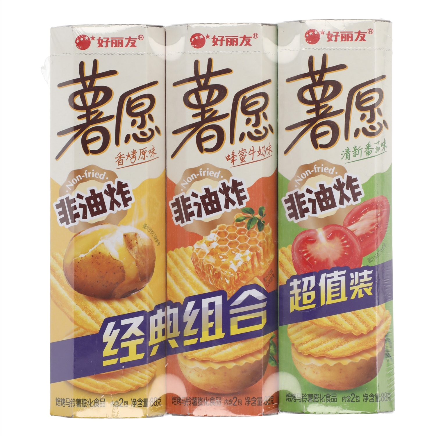 好丽友薯愿香烤原味+蜂蜜牛奶味+清新番茄味焙烤马铃薯膨化食品